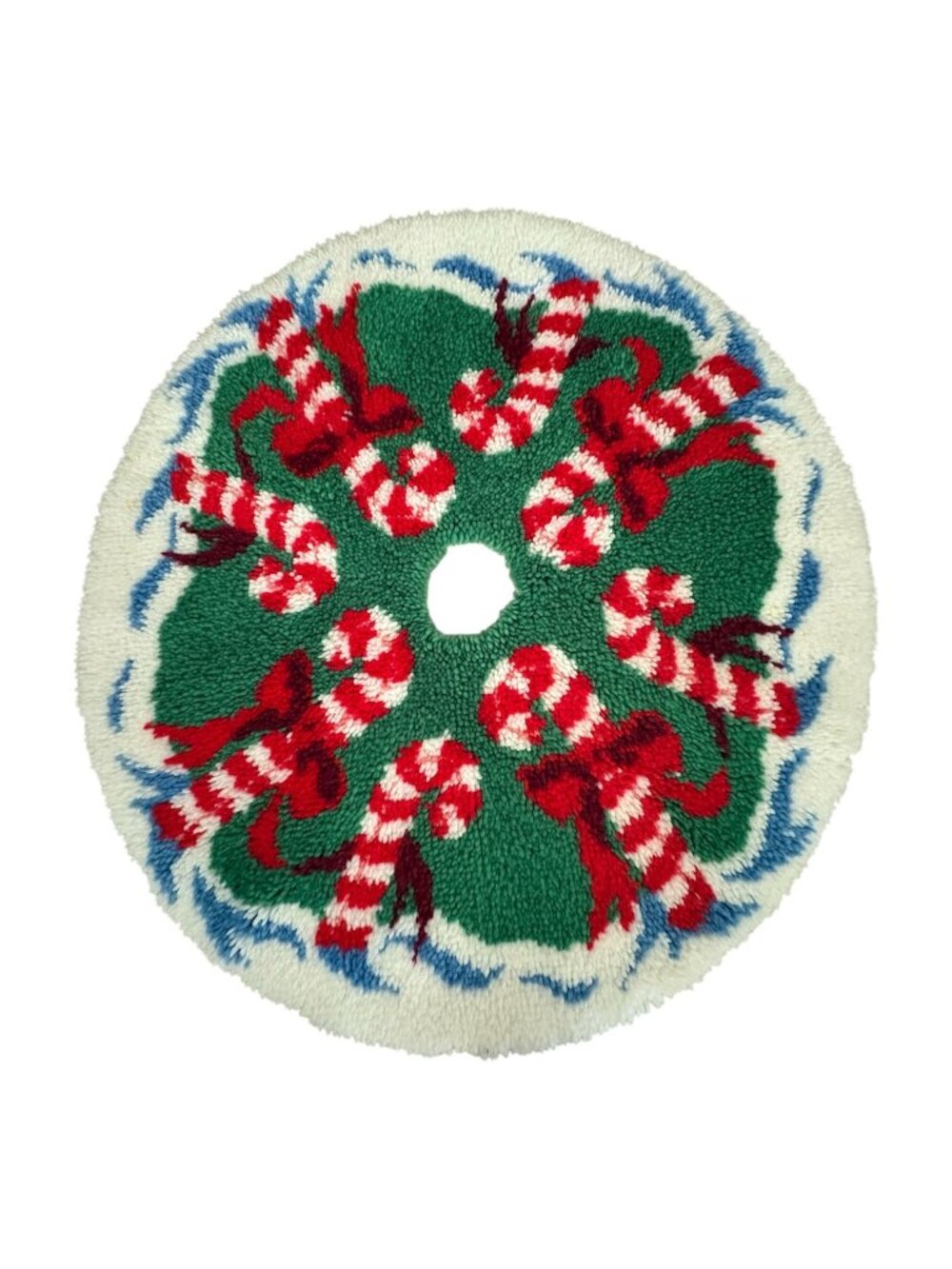 Vintage Latch Hook Christmas Tree Skirt 38" Handmade Candy Cane Bows Rug Retro